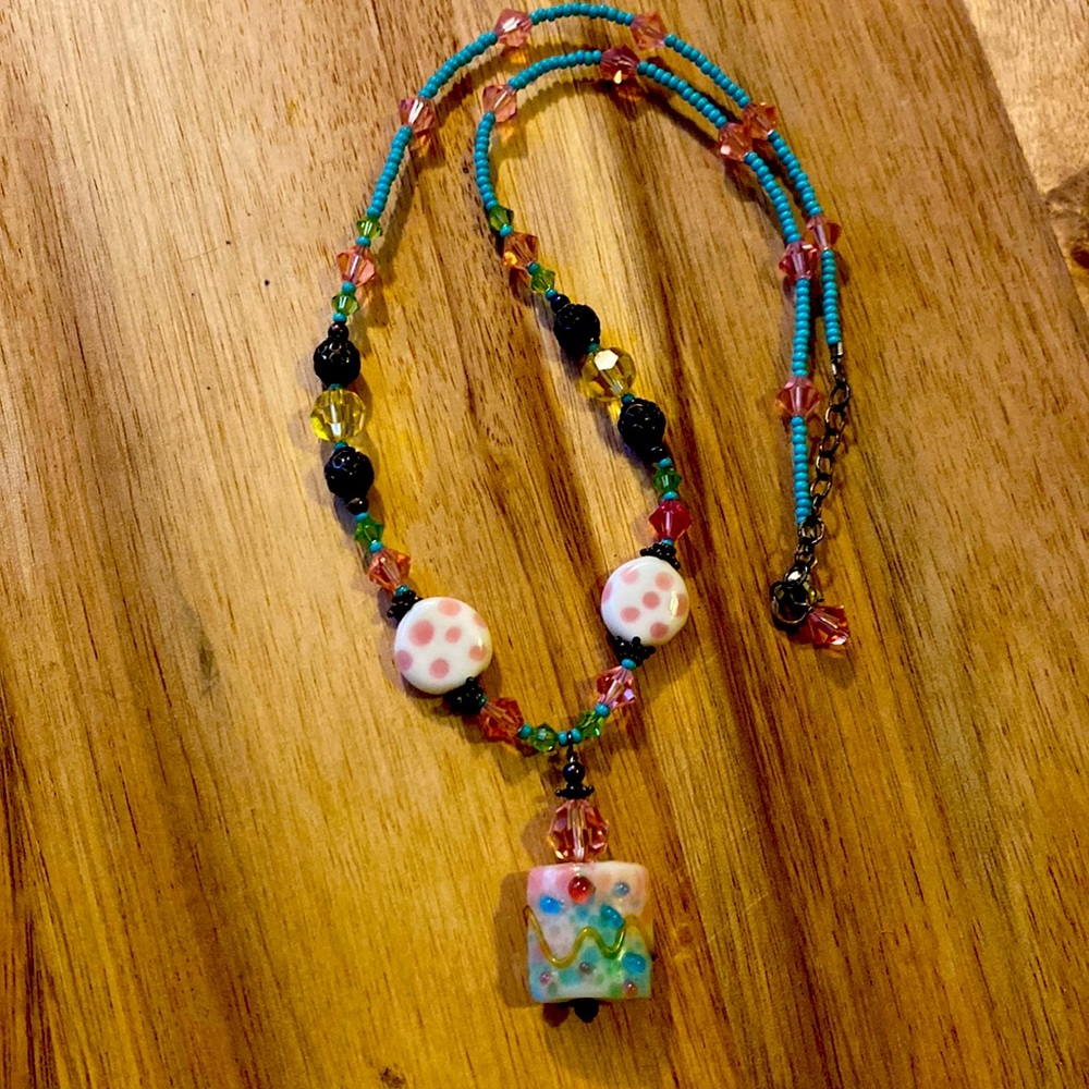 Multi-Colored Glass Bead Necklace Shabby Chic Pink Turquoise